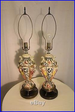 Vintage Set Of Two real Capodimonte Italy porcelain hand painted table lamp