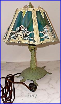 Vintage Slag Glass Boudoir Table Lamp Polychrome with Turtle Base 1 Cracked Pane
