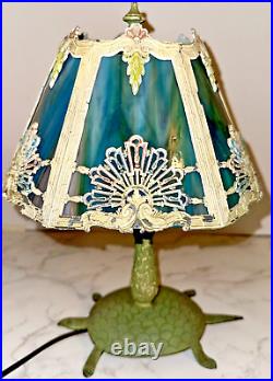 Vintage Slag Glass Boudoir Table Lamp Polychrome with Turtle Base 1 Cracked Pane