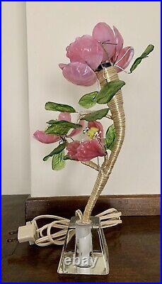 Vintage Slag Glass Flower and Leaves Table Lamp 11.5 tall Works EUC