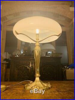 Vintage Solid Bronze & Opaline Milk Glass Table Lamp, Art Deco, Art Nouveau