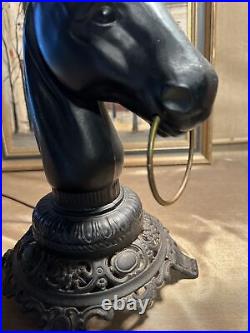 Vintage Spelter Horse Head W Ring Table Lamp Dual Double Socket 4 Tiffany Shade
