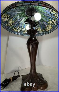 Vintage Stained Glass Table Lamp with Floral Design and Metal Base