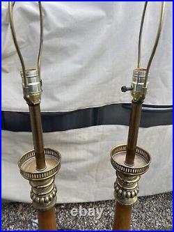 Vintage Stiffel Heavy Polished Brass & Wood Table Lamps Pair Rare