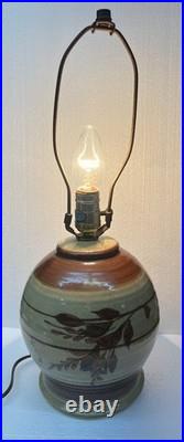 Vintage Stoneware Table Lamp Handpainted Botanical Mid Century Lamp