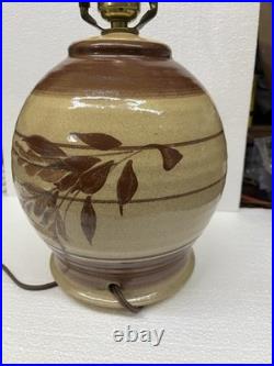 Vintage Stoneware Table Lamp Handpainted Botanical Mid Century Lamp