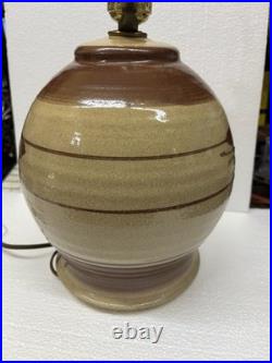 Vintage Stoneware Table Lamp Handpainted Botanical Mid Century Lamp