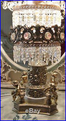 Vintage Strauss Crystal Waterfall Table Lamp with Spear Prisms and Embossed Brass