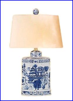Vintage Style Blue and White Porcelain Blue Willow Tea Caddy Table Lamp w Shade