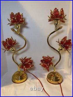Vintage Style Hollywood Regency Ruby Red Lotus Flower Table Lamps Twin Set, MCM