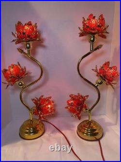 Vintage Style Hollywood Regency Ruby Red Lotus Flower Table Lamps Twin Set, MCM