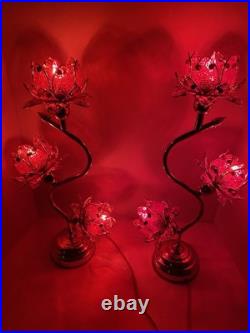 Vintage Style Hollywood Regency Ruby Red Lotus Flower Table Lamps Twin Set, MCM