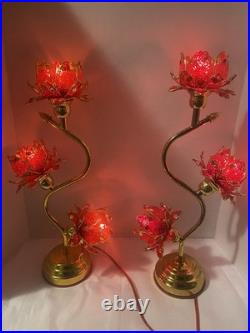 Vintage Style Hollywood Regency Ruby Red Lotus Flower Table Lamps Twin Set, MCM