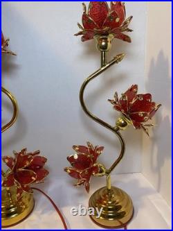 Vintage Style Hollywood Regency Ruby Red Lotus Flower Table Lamps Twin Set, MCM