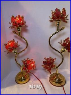 Vintage Style Hollywood Regency Ruby Red Lotus Flower Table Lamps Twin Set, MCM Vintage Style Hollywood Regency Ruby Red Lotus Flower Table Lamps Twin Set, MCM