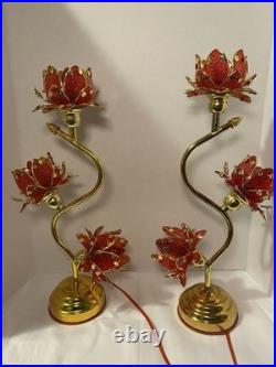 Vintage Style Hollywood Regency Ruby Red Lotus Flower Table Lamps Twin Set, MCM