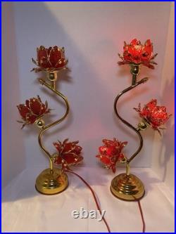 Vintage Style Hollywood Regency Ruby Red Lotus Flower Table Lamps Twin Set, MCM