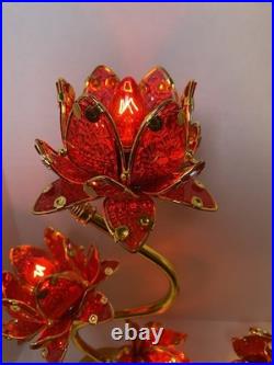Vintage Style Hollywood Regency Ruby Red Lotus Flower Table Lamps Twin Set, MCM