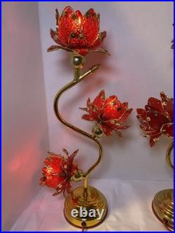 Vintage Style Hollywood Regency Ruby Red Lotus Flower Table Lamps Twin Set, MCM