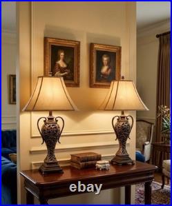Vintage Style Ornate Table Lamps Set of 2 Bronze Metal Base & Fabric Shades Vintage Style Ornate Table Lamps Set of 2 Bronze Metal Base & Fabric Shades