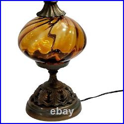 Vintage Table Lamp Amber Glass Swerl Industries Hollywood 1970s bass brass cast