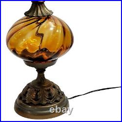 Vintage Table Lamp Amber Glass Swerl Industries Hollywood 1970s bass brass cast