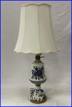 Vintage Table Lamp Blue and Beige Floral With Shade 33 In Tall