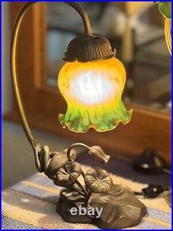 Vintage Table Lamp Brass Liberty Abat-Jour With Green & Amber Glass Frog And Lily