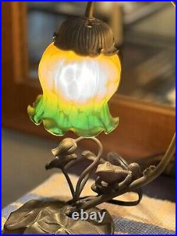 Vintage Table Lamp Brass Liberty Abat-Jour With Green & Amber Glass Frog And Lily