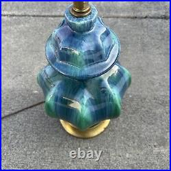 Vintage Table Lamp Ceramic Blue Green Drip Glaze Atomic Mod MCM Gold Eames Era