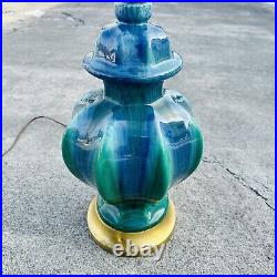 Vintage Table Lamp Ceramic Blue Green Drip Glaze Atomic Mod MCM Gold Eames Era