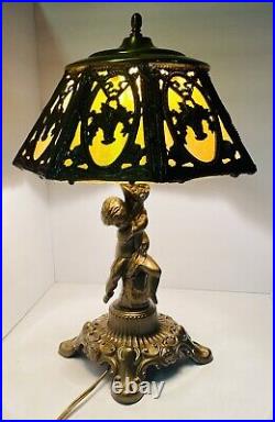 Vintage Table Lamp Cherub Figure Green, Yellow Slag Glass Shade Antique