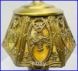 Vintage Table Lamp Cherub Figure Green, Yellow Slag Glass Shade Antique