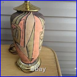 Vintage Table Lamp Cubist Modernist Ceramic Pottery Vase Brass Abstract Pink
