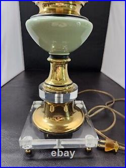 Vintage Table Lamp Lucite, Green Glass Gold 22 Tall