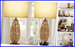 Vintage Table Lamp Set of 2, 26'' Farmhouse Rattan Lamp for Bedroom, 2 Yellow