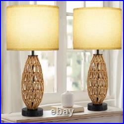 Vintage Table Lamp Set of 2, 26'' Farmhouse Rattan Lamp for Bedroom, 2 Yellow