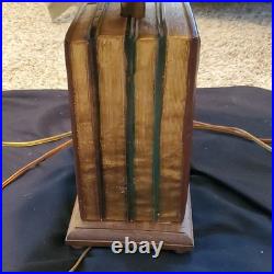 Vintage Table Lamp Wood Book-Style Base, Brown Cone Shade, Wall Plug-In