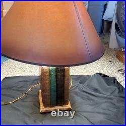 Vintage Table Lamp Wood Book-Style Base, Brown Cone Shade, Wall Plug-In