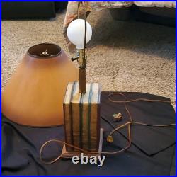 Vintage Table Lamp Wood Book-Style Base, Brown Cone Shade, Wall Plug-In