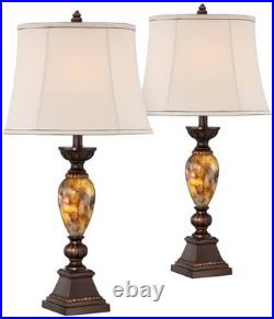 Vintage Table Lamps 30 Tall Set of 2 Bronze Marbleized Off White Shade Bedroom