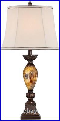 Vintage Table Lamps 30 Tall Set of 2 Bronze Marbleized Off White Shade Bedroom