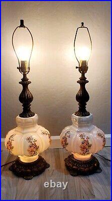 Vintage Table Parlor Lamp Bubble Glass Brass Light Floral Design 30.5