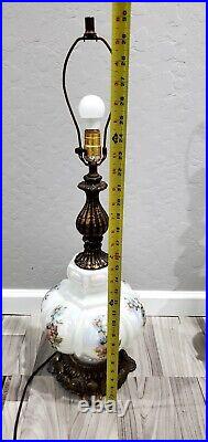 Vintage Table Parlor Lamp Bubble Glass Brass Light Floral Design 30.5