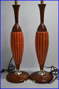 Vintage Teak & Ceramic Orange Stripe MCM Lamp Pair Retro Lighting Decor WORKS
