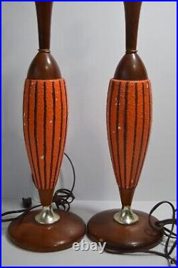 Vintage Teak & Ceramic Orange Stripe MCM Lamp Pair Retro Lighting Decor WORKS