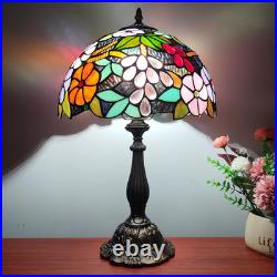 Vintage Tiffany Grapes Flowers Stained Glass Table Lamp 3-LED Reading Light
