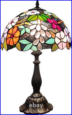 Vintage Tiffany Grapes Flowers Stained Glass Table Lamp 3-LED Reading Light