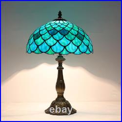 Vintage Tiffany Sea Blue Stained Glass Table Lamp Bronze Resin Base 12x19 Vintage Tiffany Sea Blue Stained Glass Table Lamp Bronze Resin Base 12x19