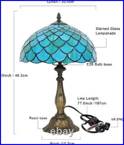 Vintage Tiffany Sea Blue Stained Glass Table Lamp Bronze Resin Base 12x19